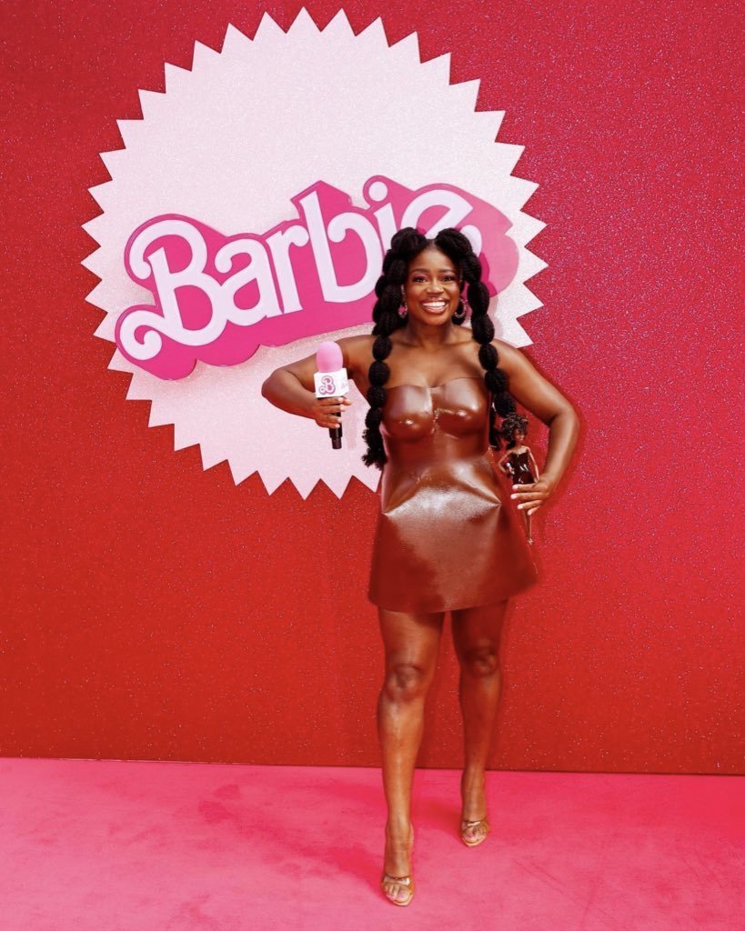 DionneGrant's tweet photo. BBC Radio 1 DJ Clara Amfo and the Clara Amfo Barbie (“Clarbie”) in matching dresses at the European premiere of #Barbie https://t.co/mesd3dK89A