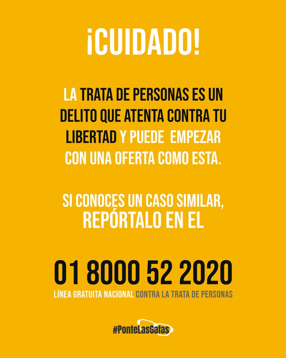 #PonteLasGafas 👓 ¡La #ExplotaciónLaboral puede ser una forma de trata de personas! ⚠️  Si te han ofrecido algo similar o conoces una oferta como ésta, llama al 📞01 8000 52 2020.
   
#ConectandoCaminosporlosDerechos #ProyectoIntegra