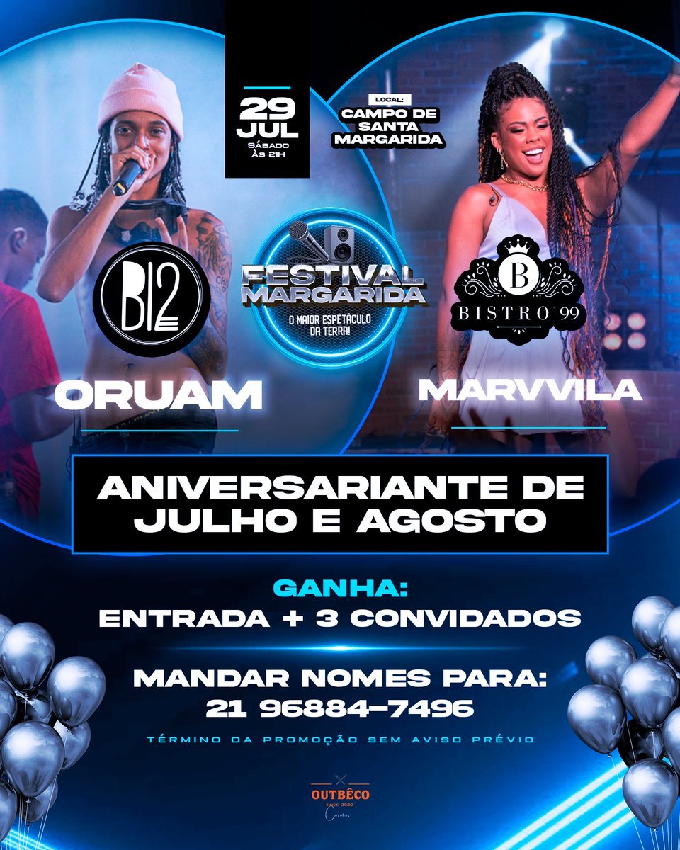 A BOA PRA ANIVERSARIANTE DE JULHO E AGOSTO! 🥳🎈🎊

Você ganha: ENTRADA + 3 CONVIDADOS. 🎟+🎫🎫🎫

Mandar os nomes: 96884-7496.📲