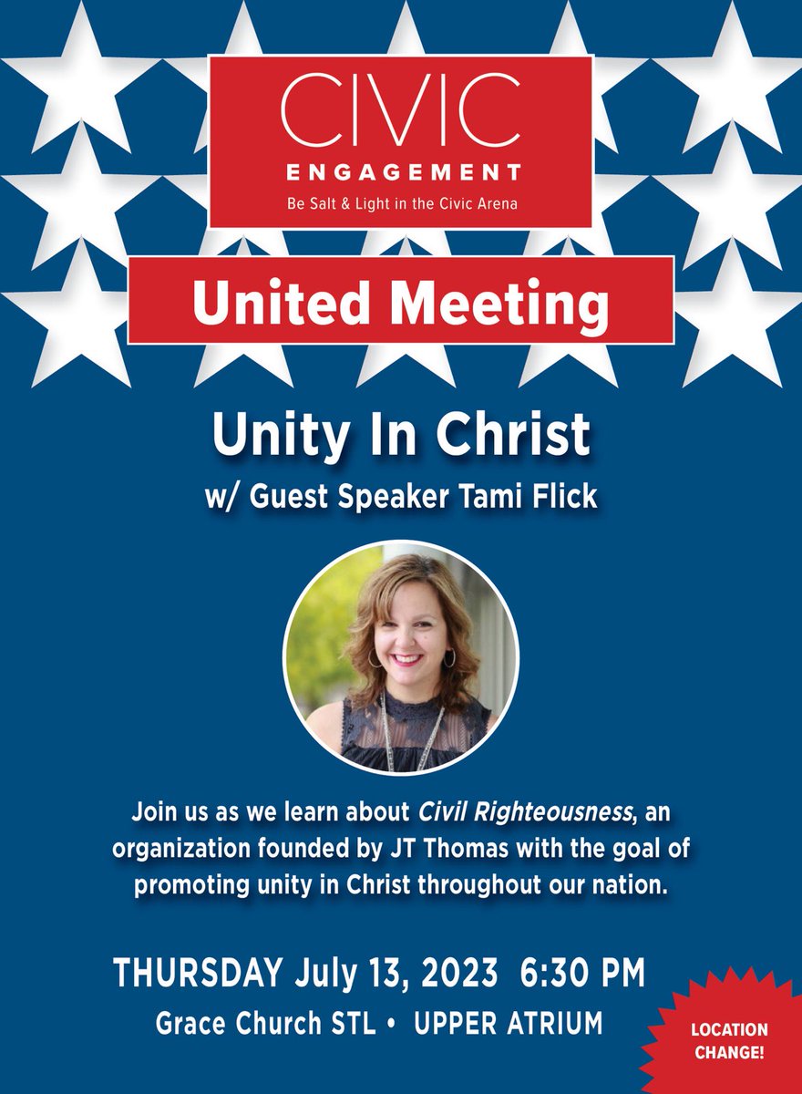 Don't miss tonight! #GraceChruchSTL and #TPUSAFaith #CivicEngagement monthly United Meeting with special guest speaker Tami Flick @ 6:30pm upper atrium
#Missouri #STL #StLouisCounty #StLouis #SCC #StcharlesCounty #StCharles #Jesus #ChristianLife #Faith #makingadifferencetogether