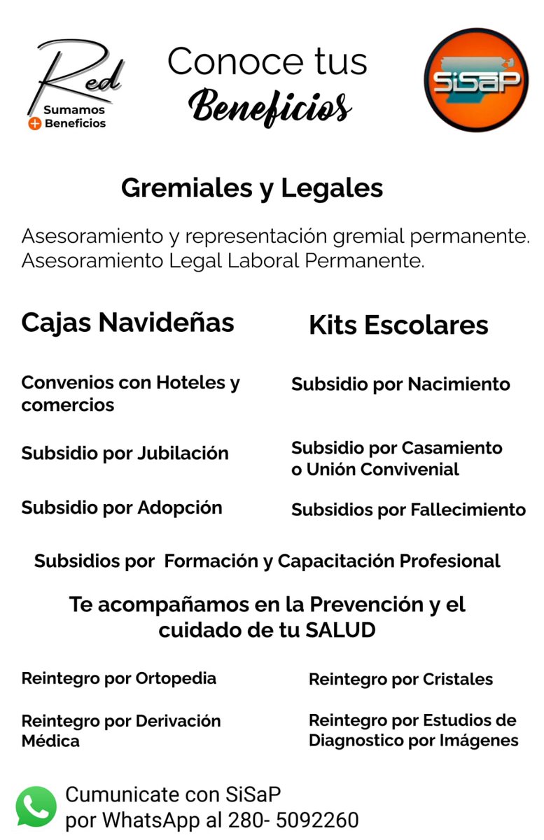 Sisap11's tweet photo. Seguimos ampliando nuestra Red de Beneficios!!! 
Comunicate por Whatsapp al 0280 15-509-2260 SiSaP, y conocé en detalle cada uno de ellos.

#Beneficios #equipo #SISAP https://t.co/YYy1i6qoqf
