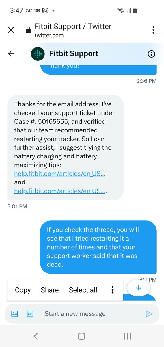 Alison_YEG's tweet photo. @sagardubeytweet @fitbit @FitbitSupport @FitbitIN Don't waste your time is the best advice I've seen. They will just gaslight you. As soon as I finish being totally PO'd, I will buy a new non Google fitness tracker. In the meantime, here was my exchange with them. #AvoidFitbit https://t.co/SZV8MP57td