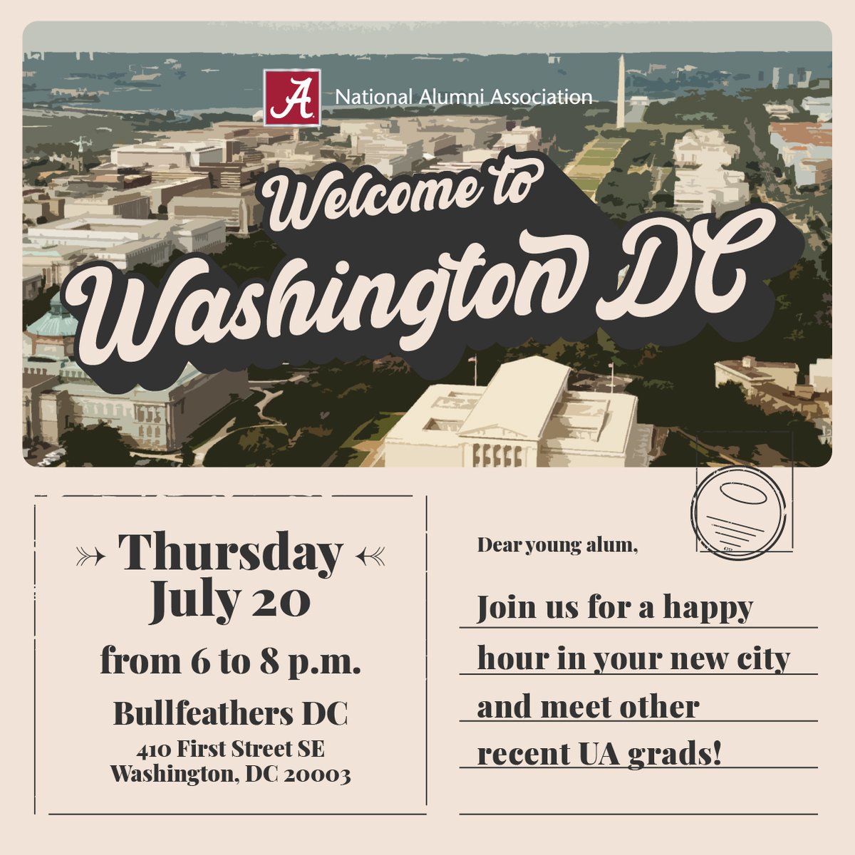 Young alums in and around DC: we want you to join us at Bullfeathers next week! We'll be handing out drink tickets while you get to meet other UA grads in the area. Register through the link below. See you next Thursday! 🙌

eventbrite.com/e/welcome-to-t…
