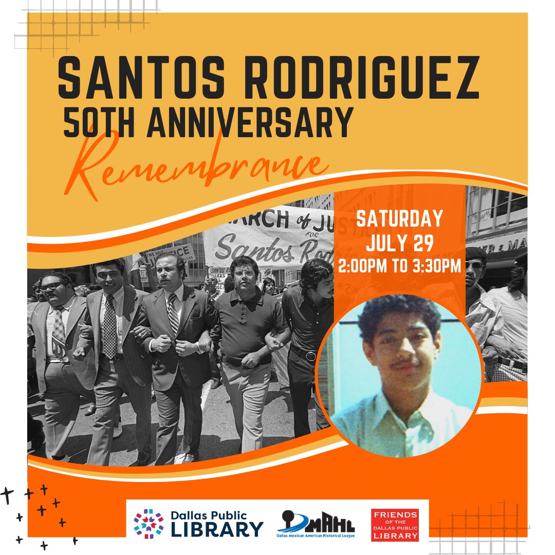 Hear Dallas Poet Laureate Joaquin Zihuatanejo recite an original poem for the 50th anniversary of the slaying of Santos Rodriguez on 7/24/1973  and a panel discussion of the protest march that followed it. Sat. 7/29, 2pm at the Central Library.
 #SantosRodriguez @DMAHLOfficial https://t.co/KEvbkDiAP2