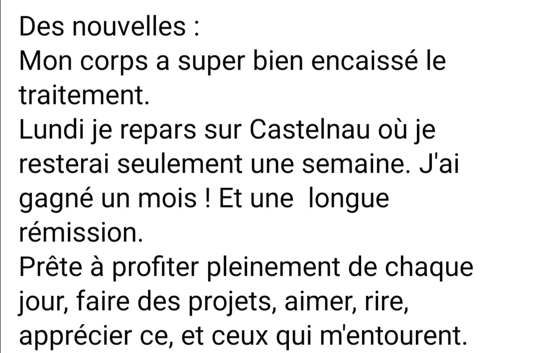Après 48 heures de silence radio (et de forte fièvre, maux de tête, vomissement et autres effets dont elle avait été prévenue), voilà des nouvelles de ma warrior de frangine.
Pfiouuuu l'ascenseur émotionnel est rude mais l'issue est tellement pleine d'espoir 💪❤️
#ForzaZazou