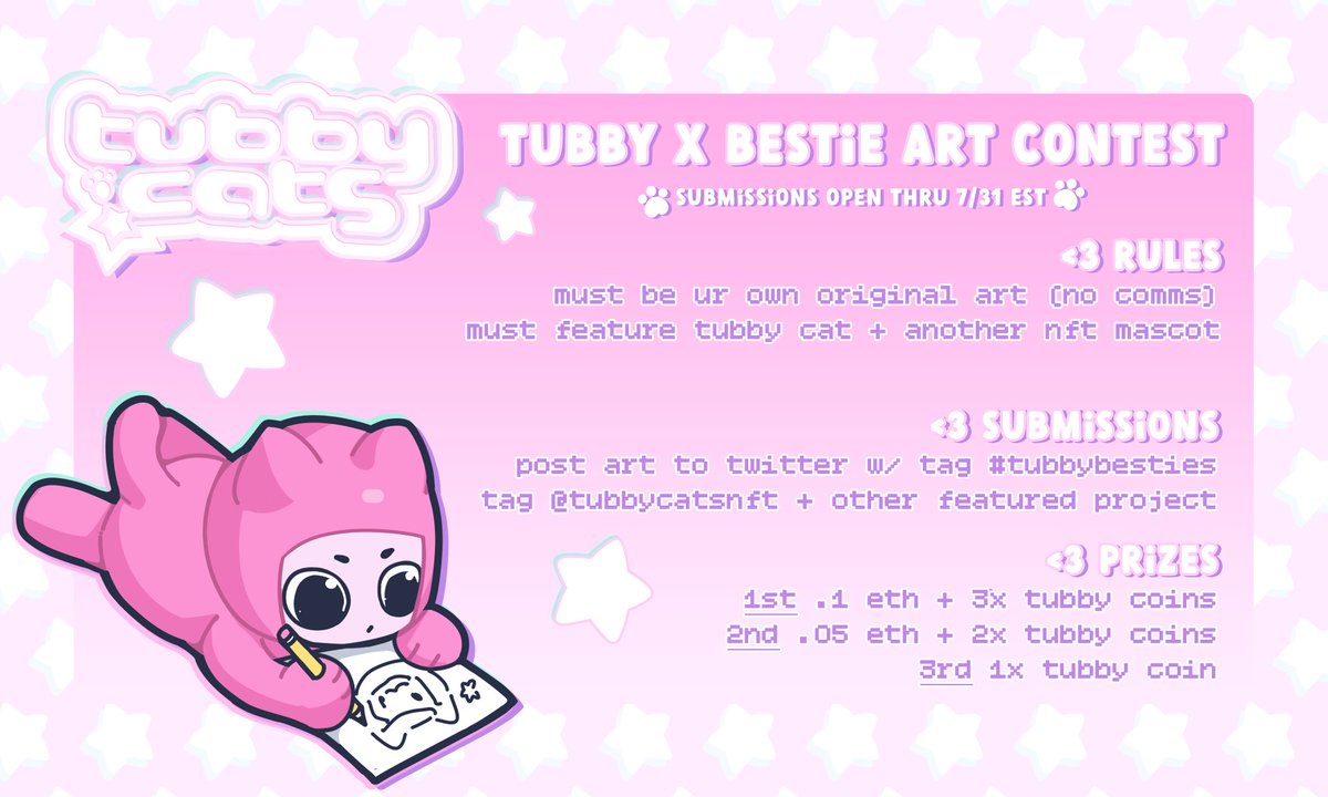 ✨ TUBBY x BESTiE ART CONTEST ✨

💞 tubby has made so many friends since we minted last february!!

who is Your NFT Bestie?! 🫵😻

🎨 draw tubby + bestie from your (other) favorite nft project

⏳ submissions open thru 7/31 est