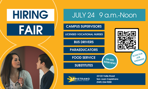BergesonES's tweet photo. Join the CUSD team and make a difference. Come to the Hiring Fair on July 24th 9-12pm at the District office 33122 Valle Road, San Juan Capistrano. https://t.co/5VsCVzkPNb