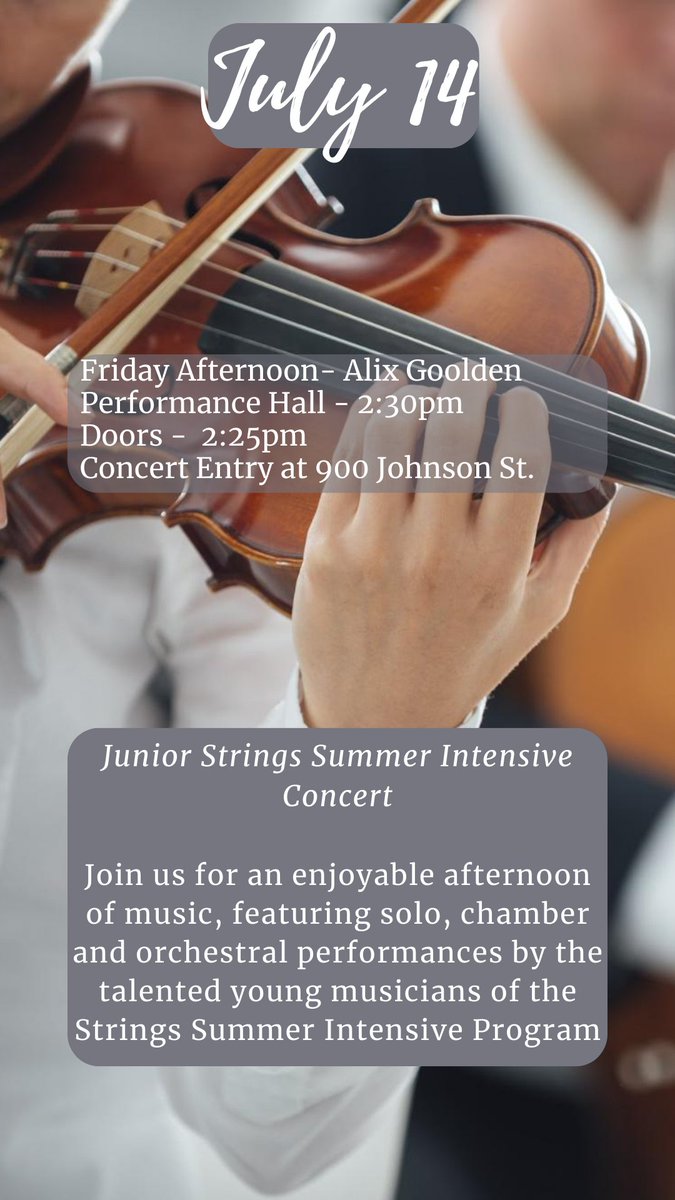 Alix Goolden Performance Hall (@gooldenhall) on Twitter photo vcm.bc.ca/event/summer-i…
Tomorrow!
Our second week of strings performances from <a href="/theVCM/">VictoriaConservatoryOfMusic</a> summer intensive programs
Come enjoy the Junior participants as they show off all they've learned this week! vcm.bc.ca/event/summer-i…
Tomorrow!
Our second week of strings performances from <a href="/theVCM/">VictoriaConservatoryOfMusic</a> summer intensive programs
Come enjoy the Junior participants as they show off all they've learned this week!