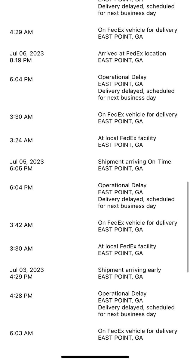 ARob2627's tweet photo. Serious question, how is @FedEx still in business? My recent shipments.. Shipment 1: 9!! days of “out for delivery” then “operational delay”. #2: 5 days of delays then the crib for our first child shows up broken. #3: on day 3 of delay now for a $2,500 item. Please just use @UPS https://t.co/jpJ3hrgzXN