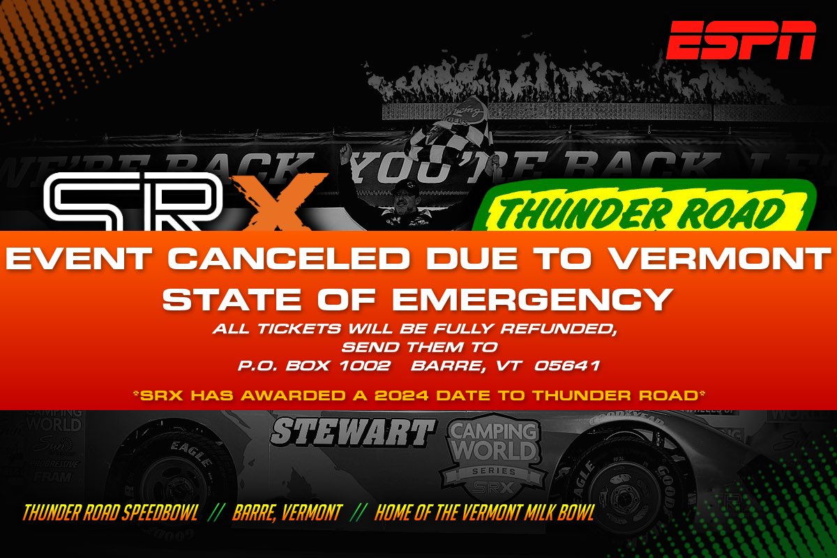 ThunderRoadVT's tweet photo. In what was supposed to be one of the biggest weeks in the history of our iconic race track, has been turned upside down by a once-in-a-lifetime natural disaster and subsequent State of Emergency.

While we feel the immense pain of losing this major event for our business, it pales in comparison to those around our beloved state that have lost everything.

We will continue to work to move forward because that’s what we do, visit  https://t.co/eqZ5RwIGO8 for further updates