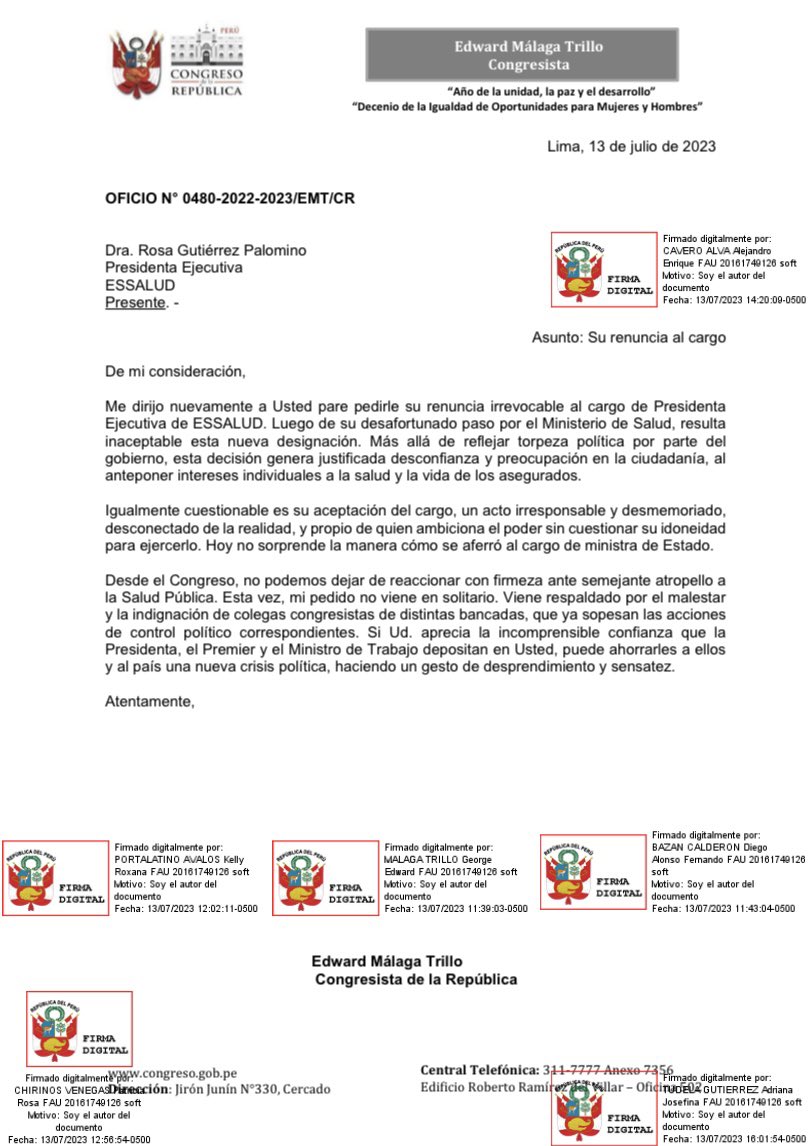 despachoEMT's tweet photo. Ante el inaceptable reciclaje de la cuestionada ex ministra de Salud, Rosa Gutiérrez, como Pdta de @EsSaludPeru, solicitamos su renuncia inmediata. Más colegas congresistas se sumarán al control político correspondiente luego de la semana de representación. La salud no se rifa. https://t.co/4gpuPxk4TU