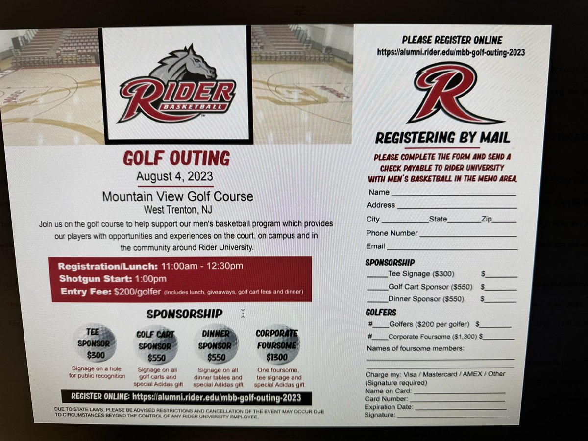 Come join us on August 4 for our golf outing which is formerly know as the Rider basketball golf outing. There will be a ton of great prizes given away and just a fun filled day with friends and alum supporters. Please come out and support it’s also for a great cause.