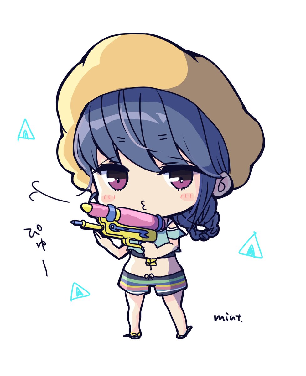 1girl water gun solo chibi purple eyes blue hair braid  illustration images