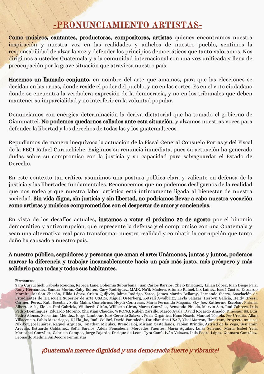 SaraCurruchich's tweet photo. 📢 #PronunciamientoArtistas Soy Sara Curruchich, cantautora y compositora kaqchikel. Ante la grave situación del país, me uno a las voces de las y los artistas para defender la dignidad y democracia. Porque los votos se deciden en las urnas, no en las cortes. https://t.co/PUHacklwqK