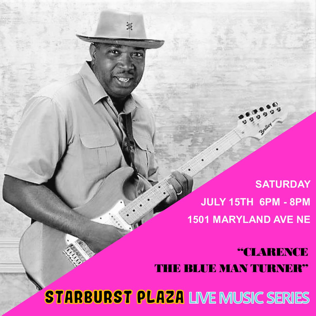 H Street's  #starburstplaza live #music series is back! Join us at our kick-off event this Sat 7/15 6pm - 8pm. Come hang with Clarence "The Blue Man" Turner &amp; his crew jiving to #Blues ! #hstreetstrong #hstreetne #supportyourneighborhood #livemusic #summernights #northeastdc