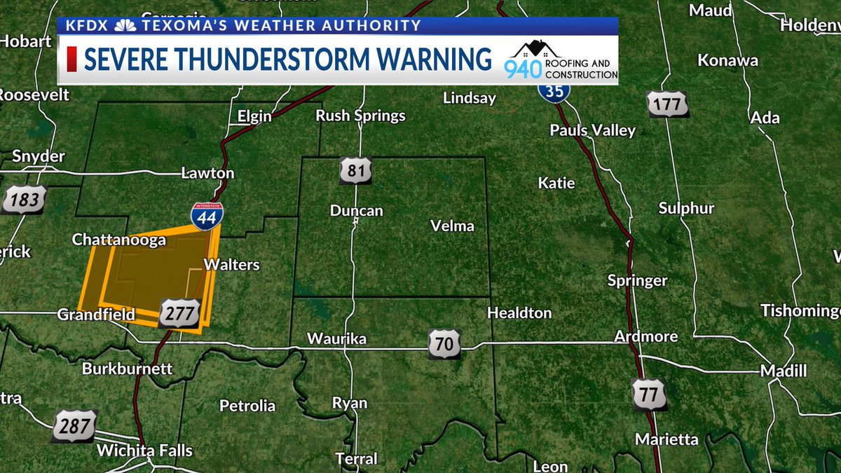 A Severe Thunderstorm Warning has been issued for portions of Texoma. Details are in the box on the right side of the image. Live radar: bit.ly/texomawx