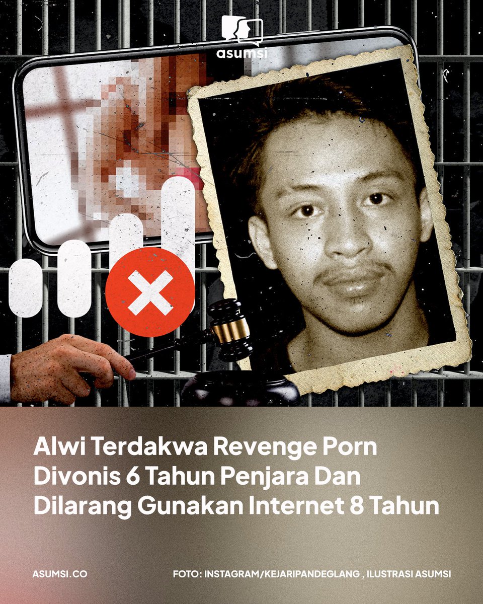 Alwi Husen Maolana, terdakwa kasus revenge porn divonis penjara enam tahun dan denda Rp1 miliar subisder tiga bulan kurungan.