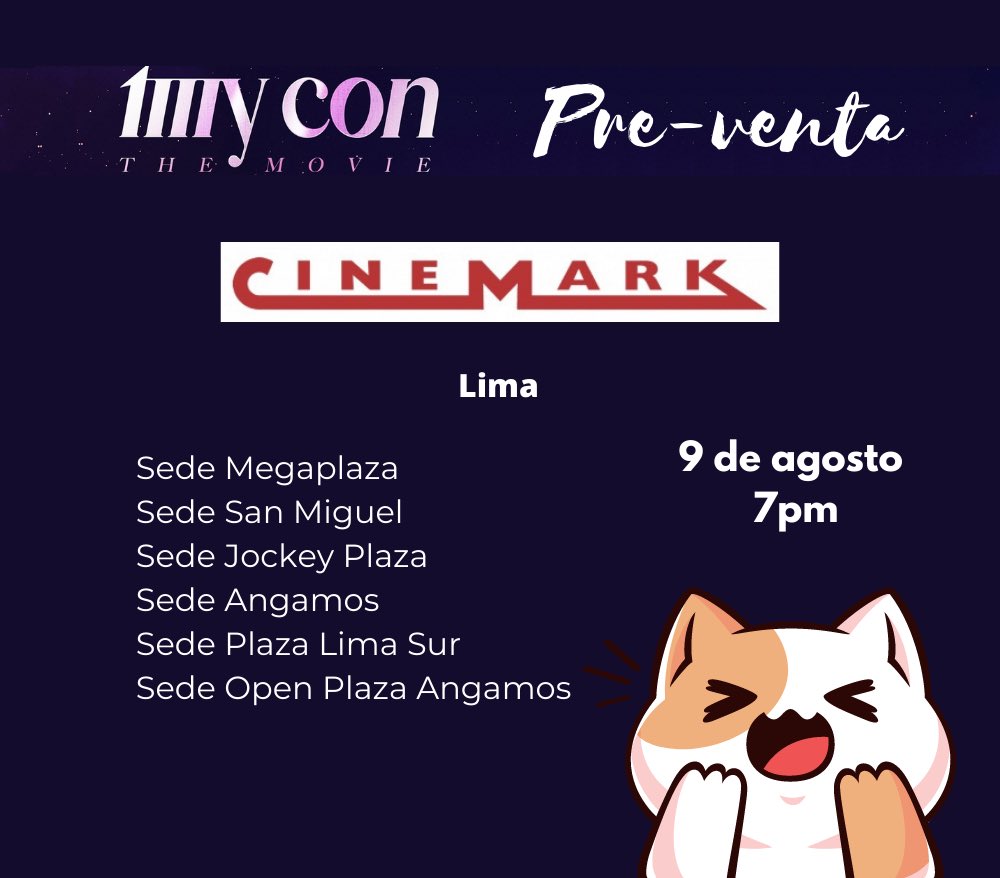 MamamooPeruFC's tweet photo. MOOMOO, ¡la película de #MAMAMOO se transmitirá en Perú! 

¿Aún no sabes dónde comprar tu entrada? Te dejamos una lista de las funciones y sedes disponibles.

Lima, Chiclayo y Arequipa
9 y 12 de agosto

¡Invita a amigos y compra tu ticket lo más pronto posible!

#MyConMovie https://t.co/MFYY4LO0ms