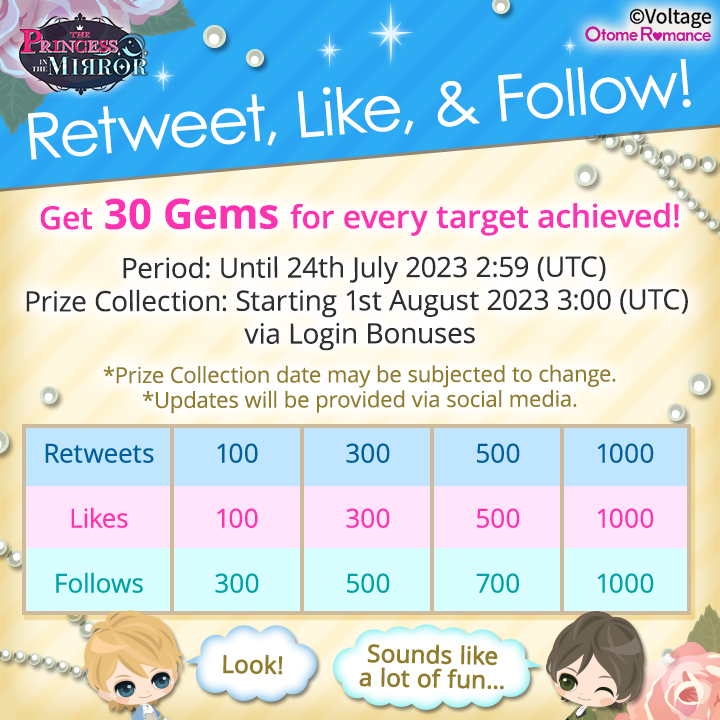 MirrPrincess's tweet photo. Retweet, like &amp; follow for 💎GEMS💎!

Get 30 Gems for each goal you hit by July 24th, 2:59 (UTC)!
(Gems will be given out via Login Bonuses after the promo ends)

The perfect chance for more fun with your suitors♪

#MirPri #ThePrincessintheMirror #VoltageInc https://t.co/ygv5k8d4fk