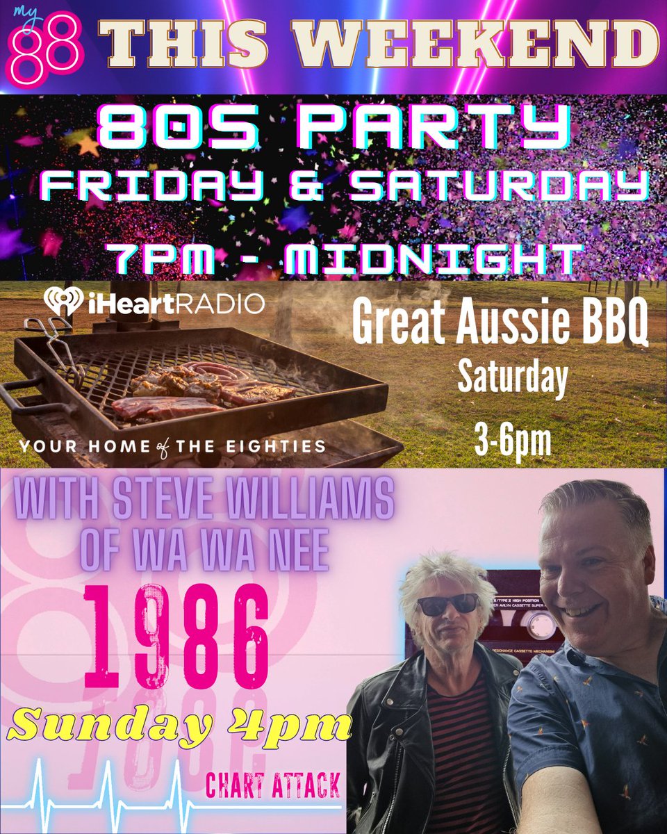 My88_FM's tweet photo. This weekend on #My88:
Fri / Sat 7pm-midnight: Ad free, non-stop #80sParty
Sat 3-6pm: The #GreatAussieBBQ - all Aussie music
Sun 4pm: #ChartAttack, the Aussie Top 20 from this week in 1986 with special guest host, Steve Williams of #WaWaNee
Stream: https://t.co/bqfAV4r1N5 https://t.co/KSNDQ2heje