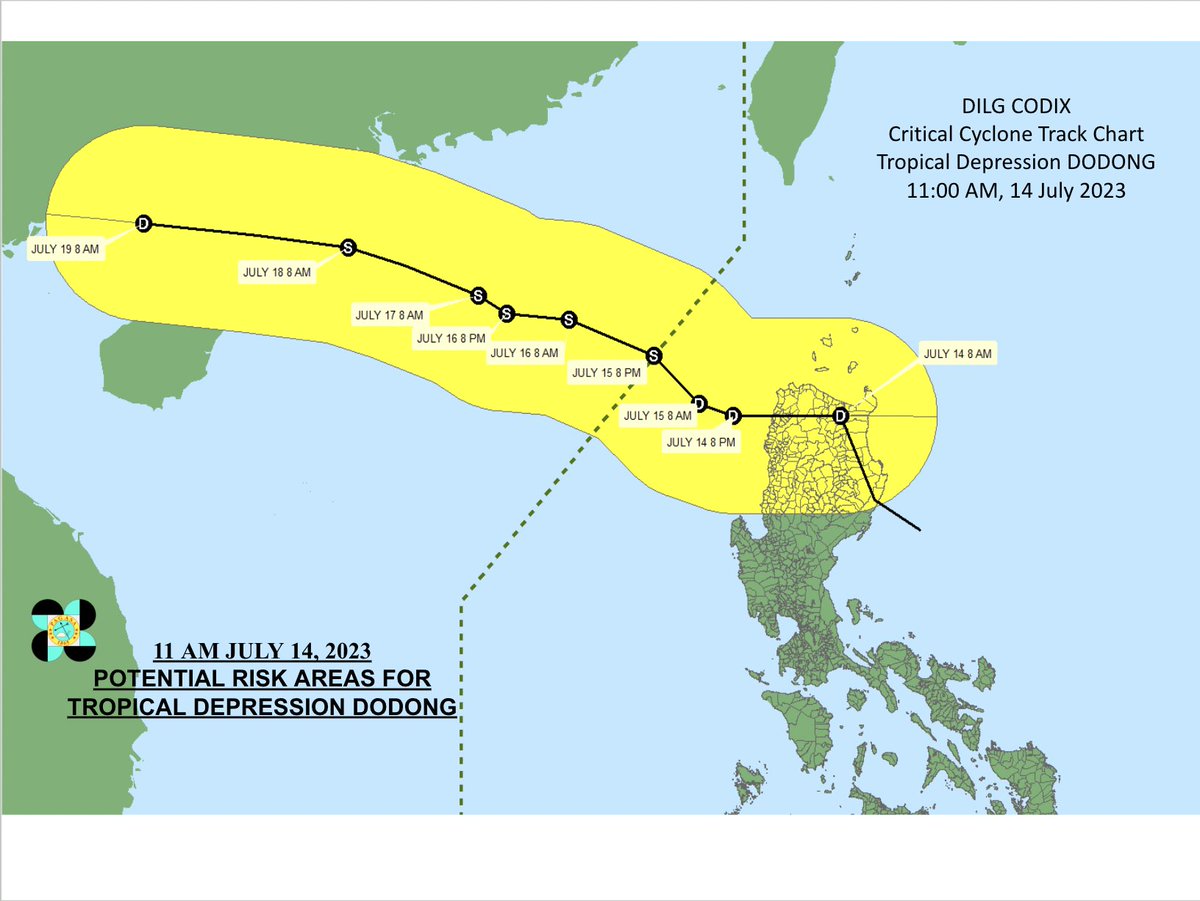 DILG_CODIX's tweet photo. Critical Cyclone Track Chart for TD #DodongPH  as of 11:00 AM  14 July 2023  #DodongPH #MagingLISTO #DisasterPreparedness

@DILGPhilippines

@NDRRMC_OpCen

@dost_pagasa

@civildefensePH

#LISTO      
Also follow us FB: https://t.co/3HDTDhEL0M https://t.co/BwSRpo2Sm3