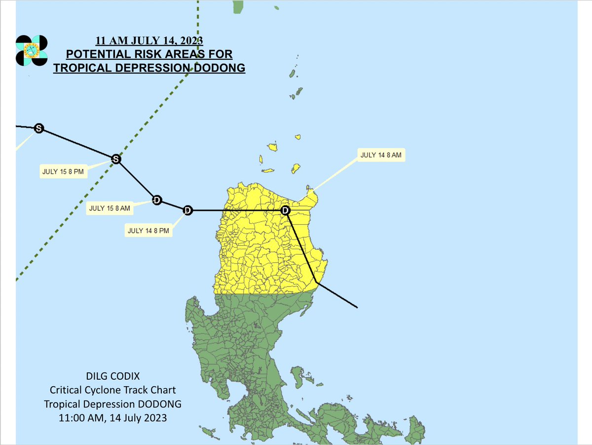 DILG_CODIX's tweet photo. Critical Cyclone Track Chart for TD #DodongPH  as of 11:00 AM  14 July 2023  #DodongPH #MagingLISTO #DisasterPreparedness

@DILGPhilippines

@NDRRMC_OpCen

@dost_pagasa

@civildefensePH

#LISTO      
Also follow us FB: https://t.co/3HDTDhEL0M https://t.co/BwSRpo2Sm3