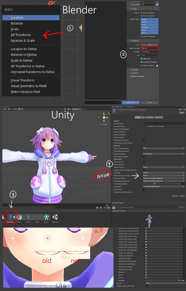 ChiRuffin's tweet photo. @Rainhet_ This is what I do to fix any blendshape artifacts for VRChat, not sure if you've already fixed it? I do this for ALL my models. hope it helps ><

Warning: if you do FBX all to previous models, then the Rig, Materials, and more, will probably most likely freak out. https://t.co/mvBg5gJLLB