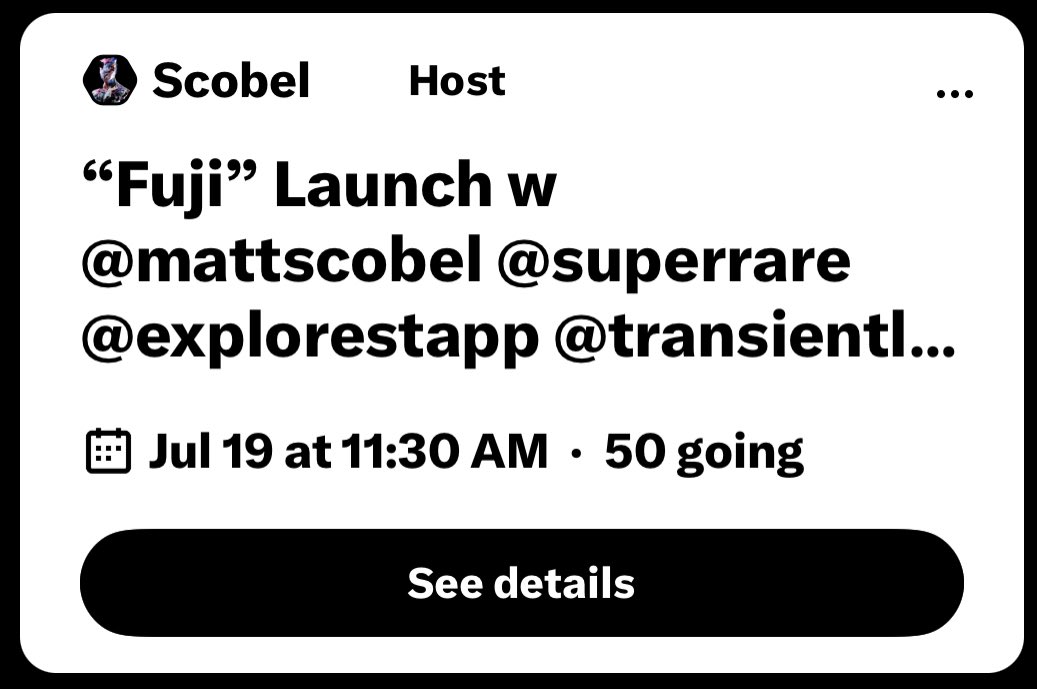 Have you RSVPd to the Launch Party for “Fuji” and the new SuperRare Explorest Space next week? 

Thank you to the 50 of you who already have. 🙏 

I promise, this is going to be epic.