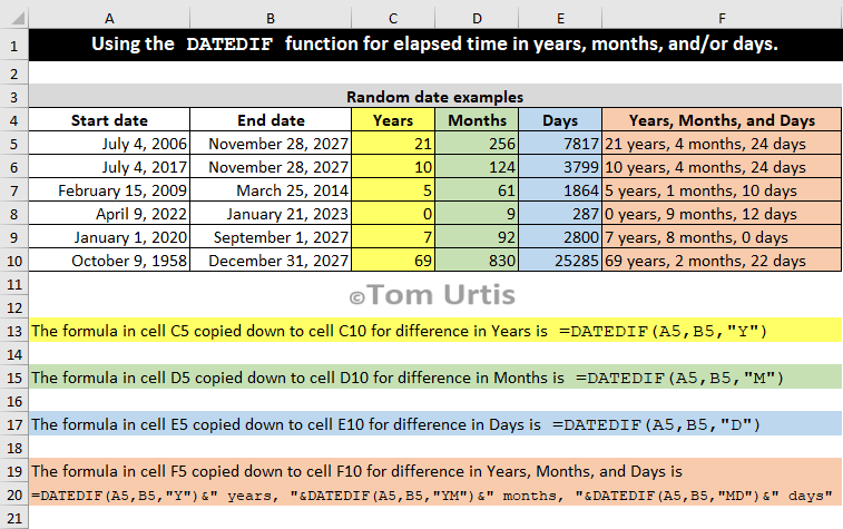 TomUrtis's tweet image. Using the DATEDIF function for elapsed time in years, months, and/or days