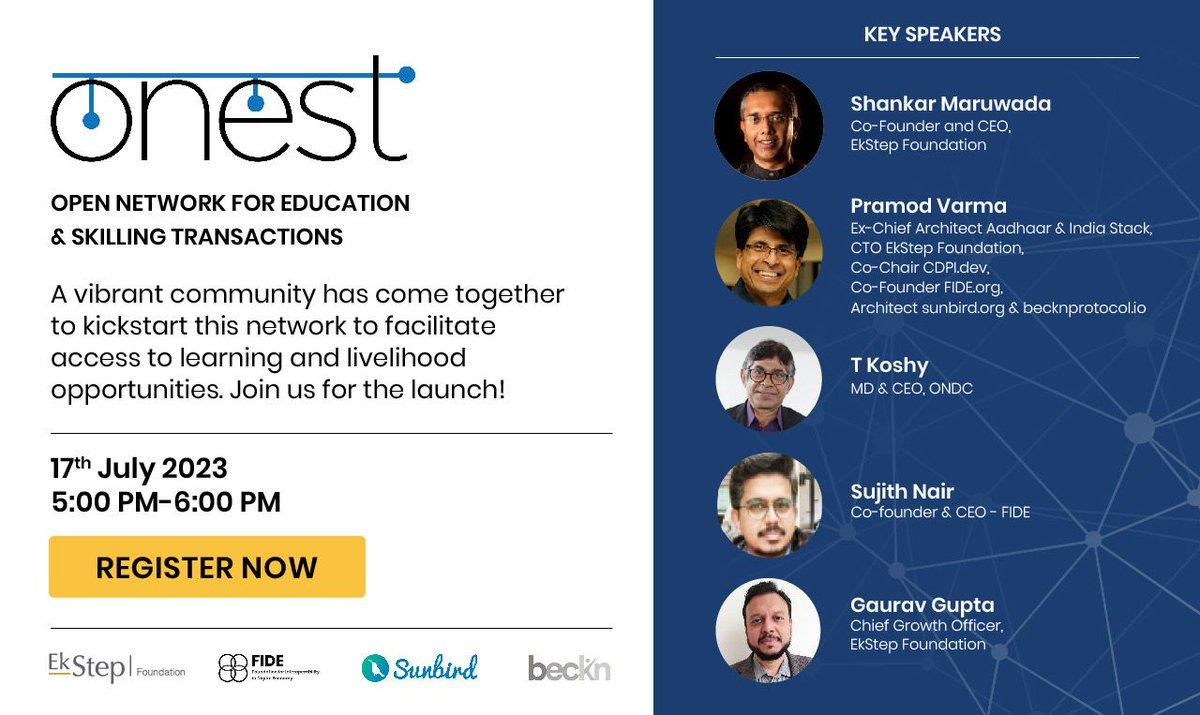 BecknProtocol's tweet image. Join us for the exciting launch of the Beckn-powered Open Network for Education and Skilling Transactions #ONEST. Together, let us enable equitable access to learning and livelihood opportunities! 

Register: bit.ly/3Da22qq

#Beckn #opennetworks #DSEP @SujithNairK