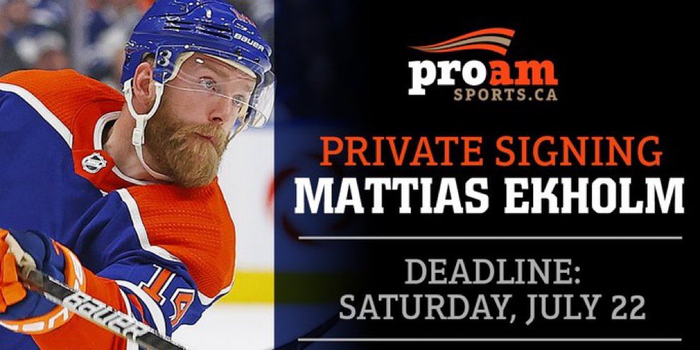 ProAmSports's tweet photo. Deadline is Saturday July 22nd.

Private Signing with Oilers D-Man Mattias Ekholm. 

Submit your items or select from ours. 

Pricing &amp; Details online here: https://t.co/fEgn5FpFzo

#YEG #ProAmFanCave #LetsGoOilers https://t.co/CRgCCQ6mbP