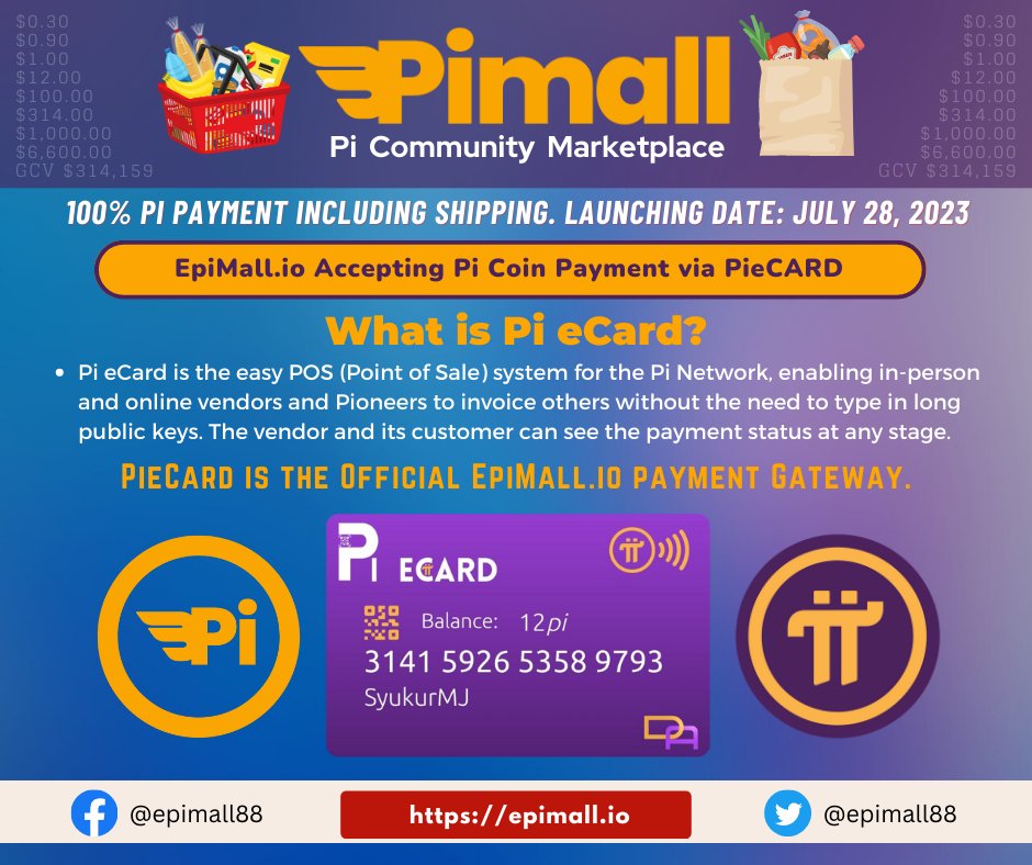 🛍️ Pi eCard is the Official EpiMall.io Payment Processor.

❓ 1.) What is Pi eCard? <a href="/pi_ecard/">Pi eCard</a> 

❤️ Pi eCard is the easy POS (Point of Sale) system for the Pi Network, enabling in-person and online vendors and Pioneers to invoice others without the need to type in