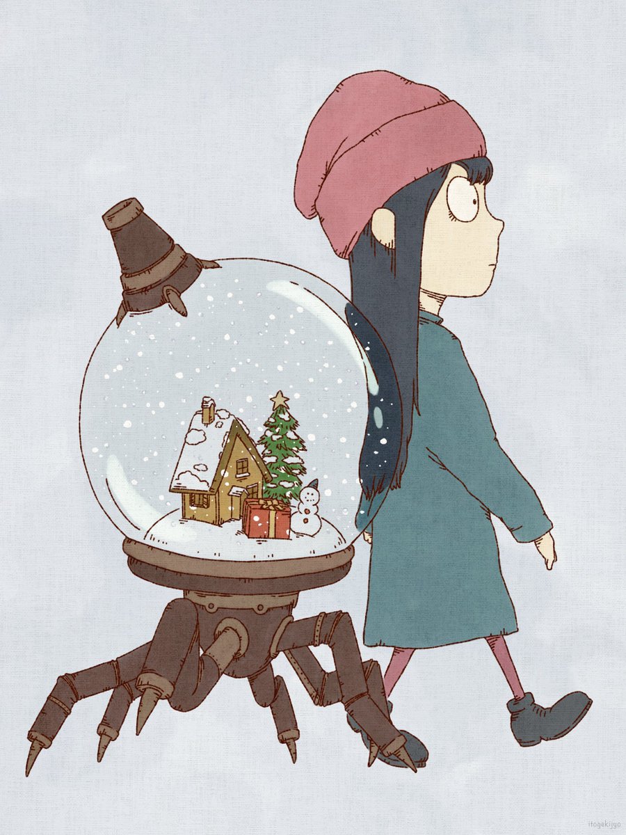 1girl hat black hair christmas tree long hair snowman solo  illustration images