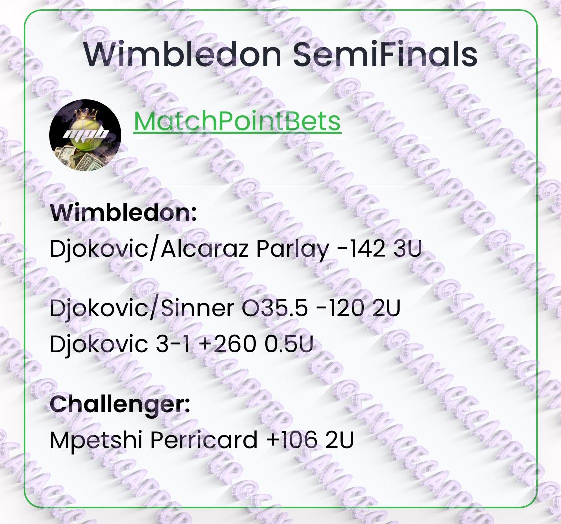 SavageCappers's tweet image. #MatchPo1ntBets #MillerTimeLocks #GamblingTwitter #Wimbledon #wakeandcash #tennispicks #tennisbets #sportsconsultant #parlay #sportsbets #wakencash #sportsbettingtips #tennispredictions