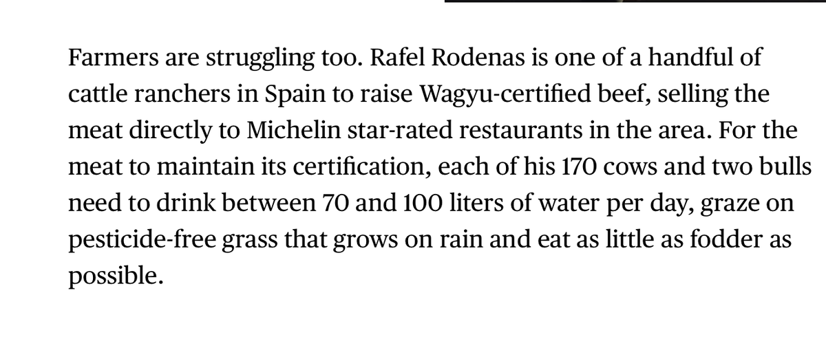 SamBleiberg's tweet photo. The climate crisis in one paragraph: Communities are facing water restrictions while farmers struggle to raise stupid fancy meat for rich people to eat. 
https://t.co/53aU8PPShc https://t.co/cix1wlTdoK