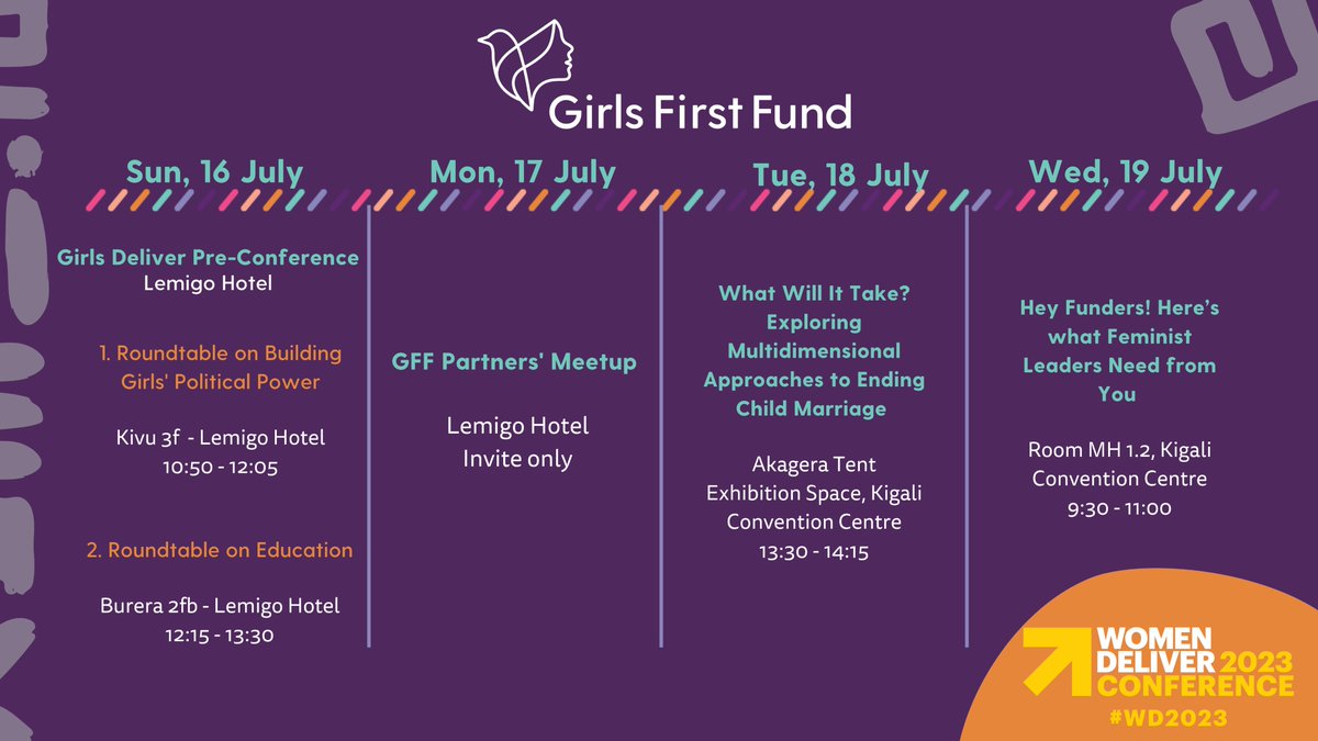 GirlsFirstFund's tweet photo. Psst! Have you seen our lineup for #WD2023 🤔

We've got #GFFatWD2023 roundtables, side events, partner meetups &amp; concurrent sessions 😃

Join our conversations elevating voices from the frontlines of community action to #EndChildMarriage 

Details here 👉🏾https://t.co/L43PD015wU https://t.co/vmszmpVBvN