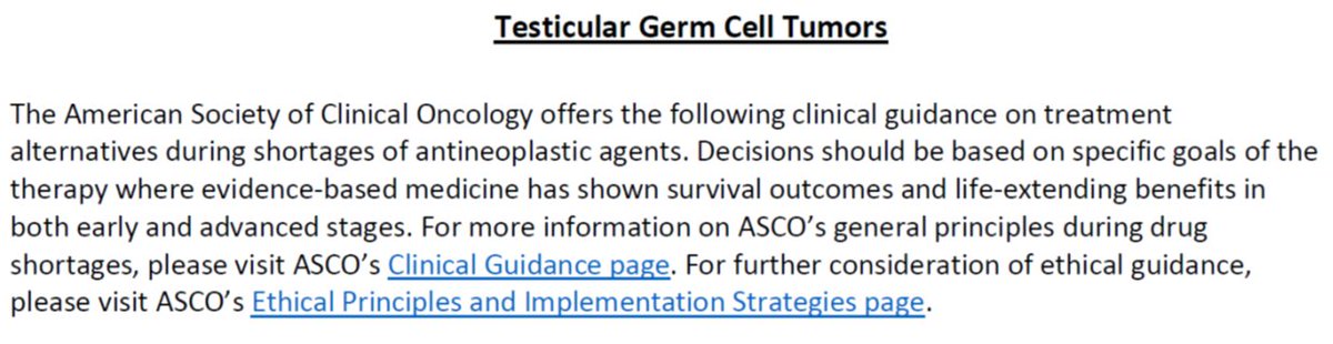 Cancer #drugshortage ongoing crisis in the U.S. Platinum chemo critical to maintain high cure rate for #germcelltumors. See asco.org/drug-shortages for continued guidance from @ASCO, most recently updated to include #testiscancer (joining bladder, breast, GI, Gyn, H&N, SCLC...)