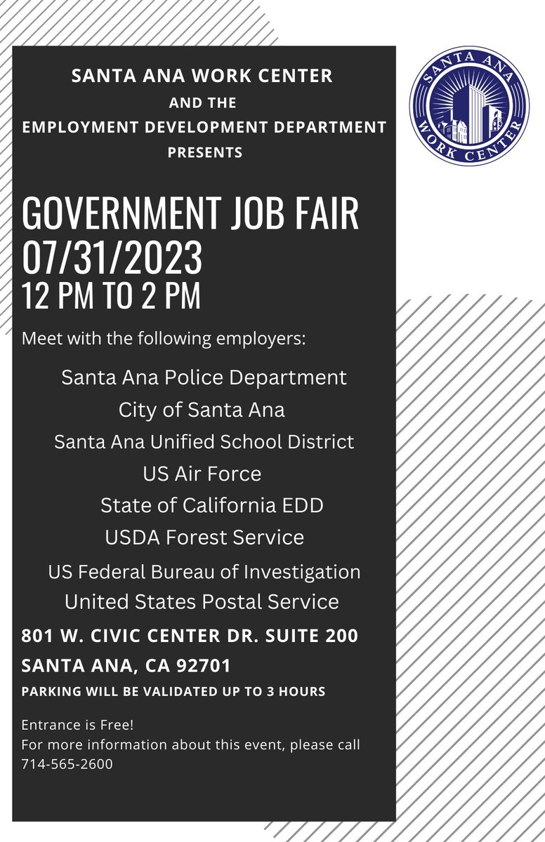 saWORKcenter's tweet photo. The Santa Ana WORK Center and EDD invite you to our next job fair! 
📅 07/31/2023
🕒 12 pm-2 pm 
🏢 Santa Ana WORK Center 801 West Civic Center Drive, Suite 200 Santa Ana, CA 92701 

#santaanaworkcenter #SantaAnaJobs #OCJobs https://t.co/0ttWW6Qknc