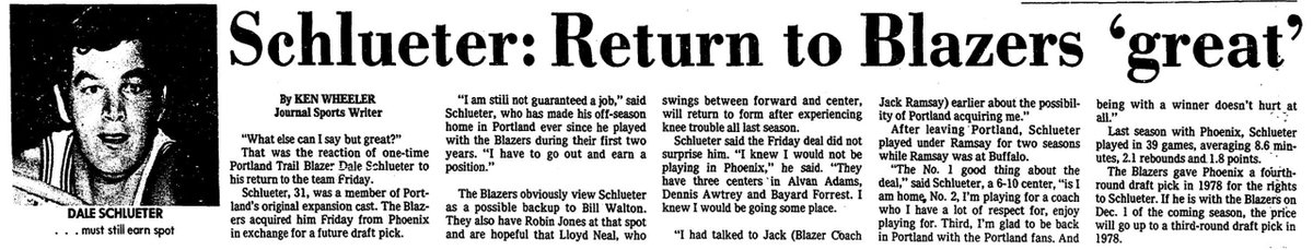 77Blazers's tweet photo. July 15 1977 - The @trailblazers acquired former #Blazers center Dale Schlueter from @Suns for a 1978 4th round pick.
Schlueter is the 1st Blazer player to return to team. Schlueter is expected to be a backup to @BillWalton & #RobinJones for 77/78 season.
#RipCity https://t.co/tUMtUmxBMS