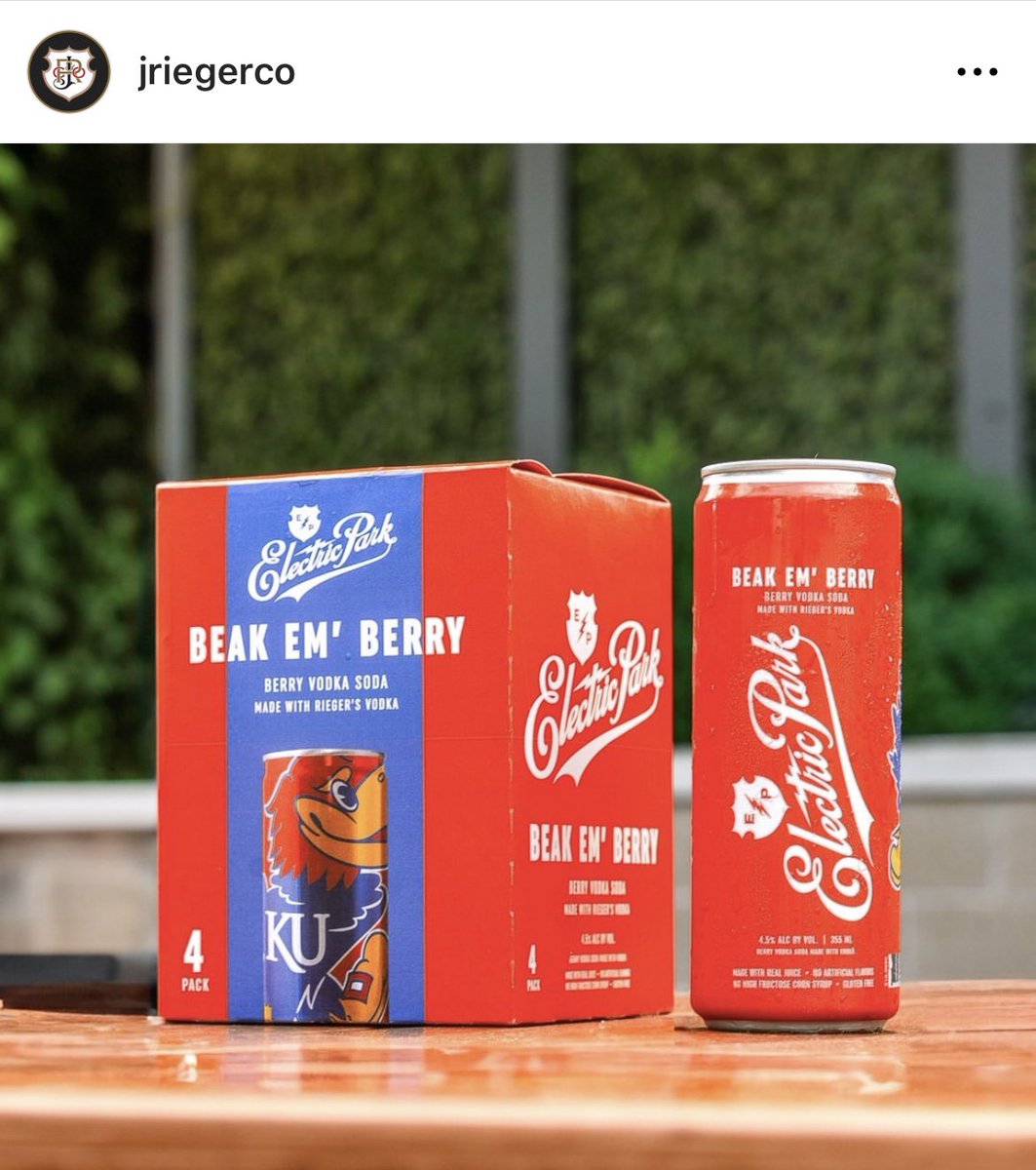 dillondavis3's tweet photo. J Rieger (@JRiegerCo) just released another KU-themed drink today via their Instagram. It's their first-ever, ready-to-drink canned cocktails featuring a "Beak Em' Berry" flavored and lemon flavored vodka soda. 

Available in KS &amp; MO retail stores soon! #RockChalk https://t.co/ZPhD4TIcip