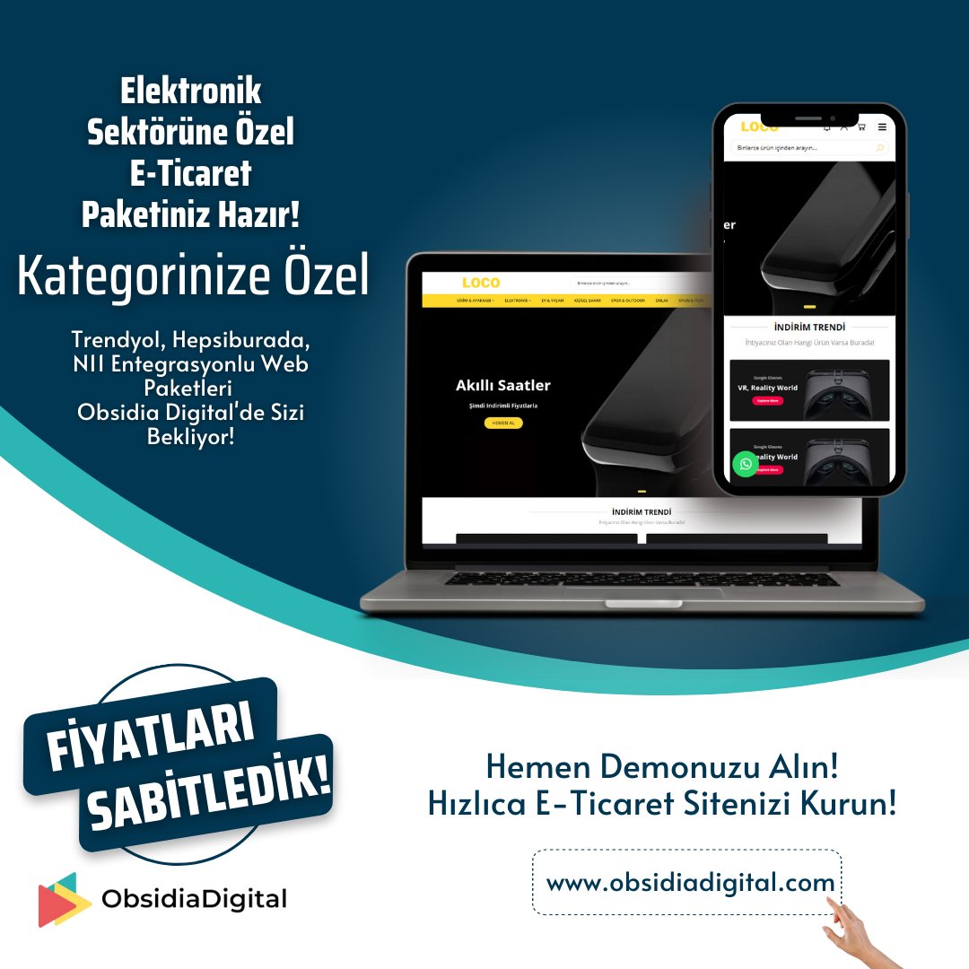 Elektronik sektöründe online satışa hazır mısınız? 📷📷 Obsidia Digital olarak sizlere Loco Elektronik E-Ticaret Paketi ile güçlü bir dijital satış deneyimi sunuyoruz!

Hemen Keşfedin!
bit.ly/3pVvc9w

#YazilimciGunleri2023 #eticaret #Turkiye