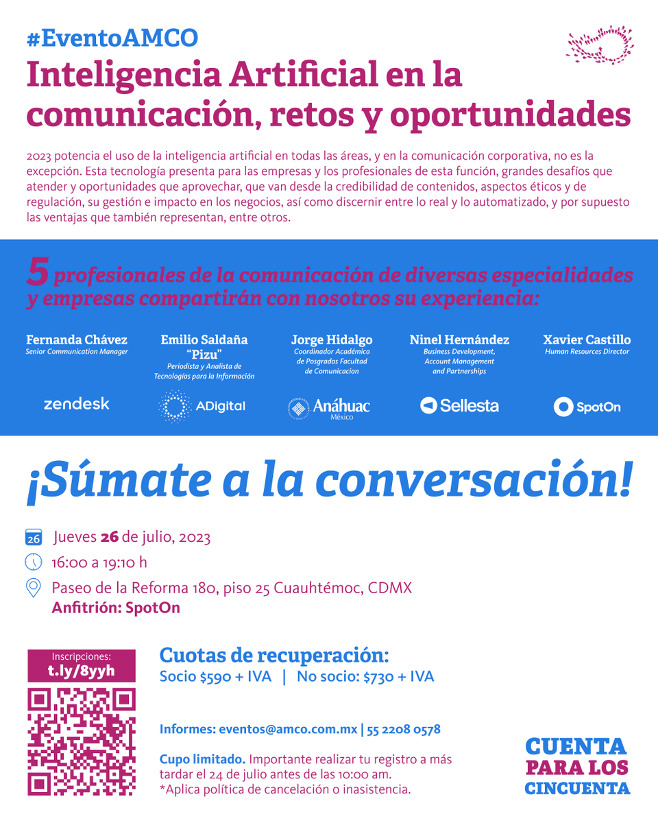 SithLCC's tweet photo. Acá un evento de la @AMCOMexico sobre las posibles aplicaciones de la #iA #InteligenciaArtificial en el campo de la Comunicación Corporativa. Entre los disertantes, mis amigos y colegas @jhidalgo y @XavierCastilloZ. Evento presencial. Miércoles 26 de julio de 4 a 7:10 PM. https://t.co/w7Bs1wXwks