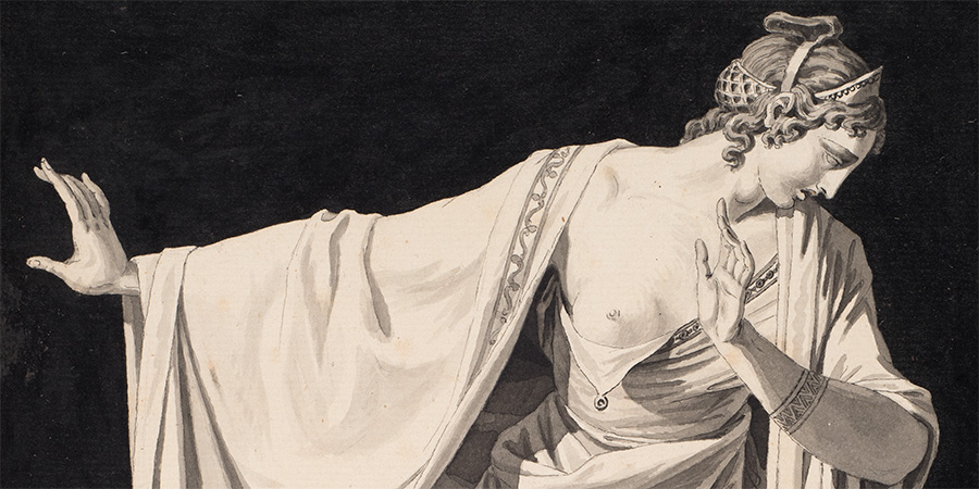 Opening next week! "Reform to Restoration: French Drawings from Louis XVI to Louis XVIII (1770-1830)" at the Ackland. Free!bit.ly/44detNq Image: Jean-François Janinet (1752-1814), "Standing Woman in Antique Dress" (detail), 1791. The Horvitz Collection, Wilmington.