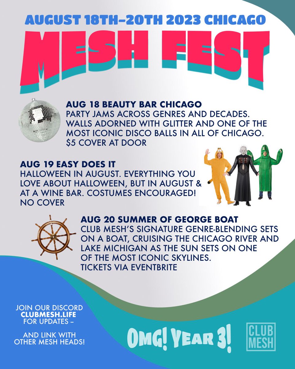OMG! Year 3 of Mesh Fest! Join us in Chicago next month of a weekend of music and fun.

Boat party tickets go on sale Saturday 10am PT/noon CT.

For more information &amp; plan with other Mesh Heads, join our Discord ClubMesh.life
