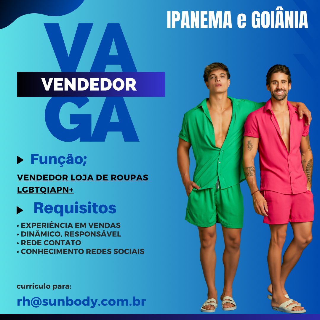 sunbodyoficial's tweet photo. VAGA DE VENDEDOR 

• Experiência em vendas;
• Rede de contatos;
• Conhecimento em redes sociais.
IPANEMA E GOIÂNIA 
Currículo para:
rh@sunbody.com.br 

#vagavendedor #vagario #vagagoiania #empregoriodejaneiro #empregogoiania #vendedorriodejaneiro #vendedorgoiania #emprego https://t.co/IRNEI0ROxR