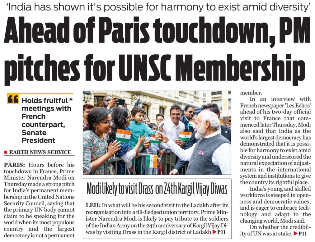 EarthNewsLadakh's tweet photo. ‘#India has shown it's #possible for harmony to exist amid diversity’
Ahead of #Paris touch down,#PM
pitches for #UNSCMembership
@narendramodi @AmitShah @rajnathsingh @HMOIndia @PMOIndia @PIB_India
#Modi likely to #visit Drass on 24th #KargilVijayDiwas
@lg_ladakh https://t.co/dgvnQhiDGC