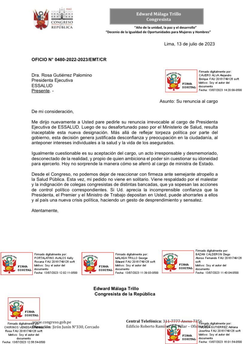 MirianElayne's tweet photo. A través de un oficio el congresista Edward Málaga en conjunto con otros legisladores solicitan a la nueva jefa de @EsSaludPeru, Rosa Gutiérrez su renuncia irrevocable al cargo, tras su DESAFORTUNADO paso por el Ministerio de Salud. https://t.co/boLqaijtzl