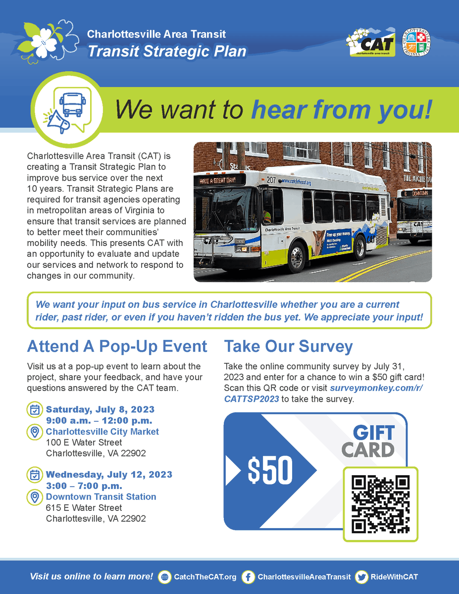 Nat4Cville's tweet photo. Take the CAT survey by July 31 to give the team feedback about what its like to ride the bus or what would make riding the bus more attractive.
You'll also be entered to win a $50 gift card!
#catchthecat
https://t.co/moLV6ytMcL https://t.co/m2luVzinTl