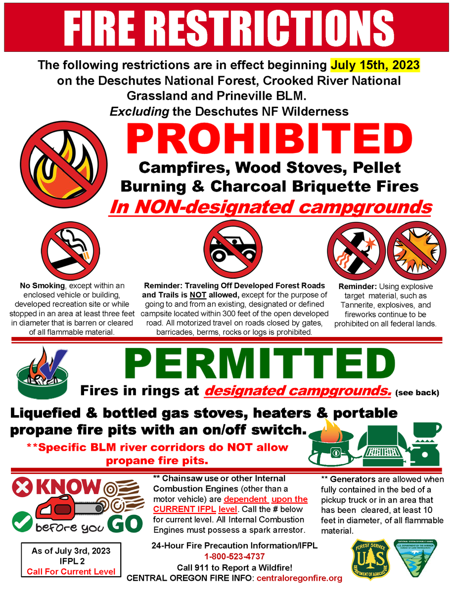 CentralORFire's tweet photo. ‼️Starting Sat. 7/15 at 12:01 a.m. @DesNatlForest, Crooked River National Grassland &amp; Prineville BLM are implementing public fire use restrictions due to high temps &amp; decreased vegetation moisture. Open fires prohibited except in designated campgrounds:
ℹ️ https://t.co/HesJirN1Uv https://t.co/pm7PiMWJfH