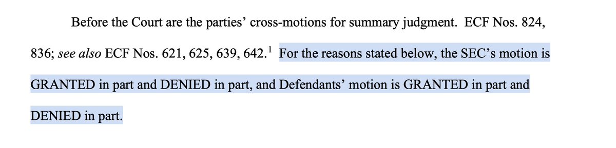 SEC vs Ripple判決読み始め

まずSEC、Ripple双方とも申し立ての一部は認められ、一部は却下

いずれの完全勝利でもない

1/n